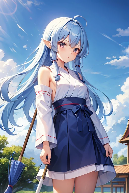 shrine,cleaning,Shrine maiden,blue sky,broom,Look at the sky,Hold back your hair,cute,girl