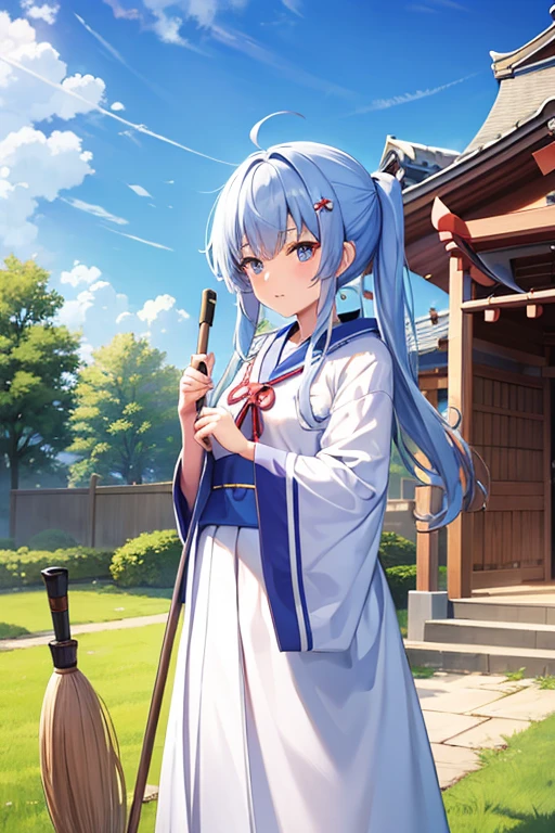 shrine,cleaning,Shrine maiden,blue sky,broom,Look at the sky,Hold back your hair,cute,girl