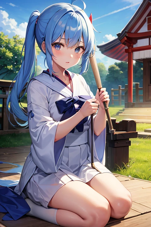 shrine,cleaning,Shrine maiden,blue sky,broom,Look at the sky,Hold back your hair,cute,girl