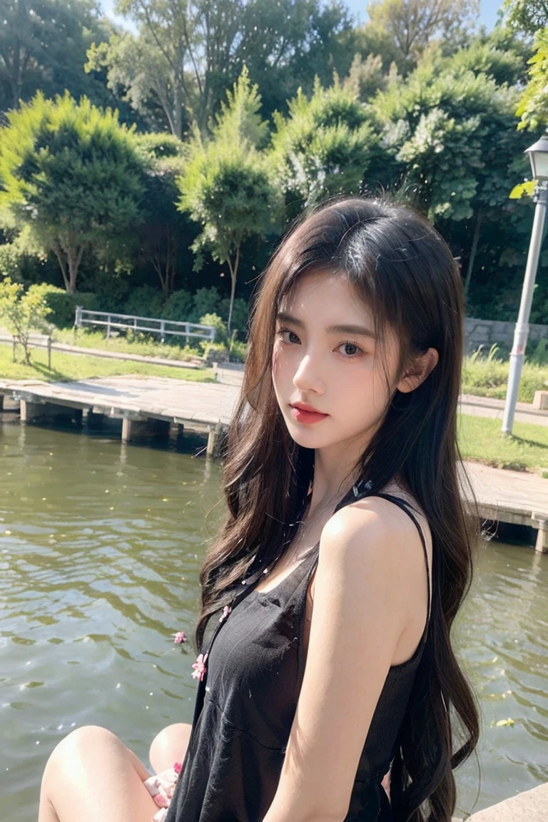 A girl sitting in the river on lonely, Camara angle girl behind side, some flower leps flowing on air, Her long hair flowingthe wind, The entair environment are calm ful