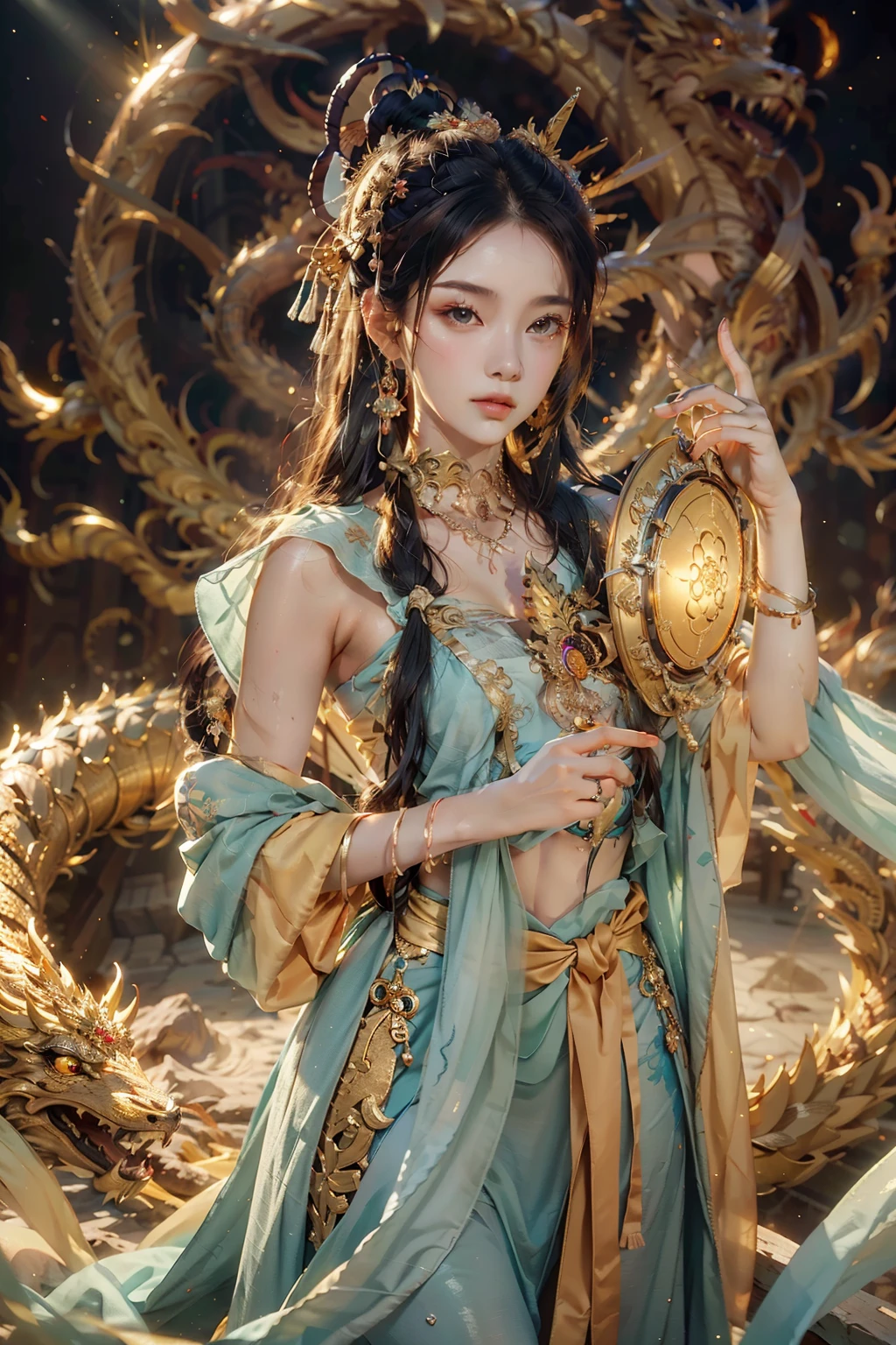 ((best quality)), ((masterpiece)), (detailed), Perfect face,Dunhuang Beauty,Standing in front of a huge golden glowing dragon,Looking at the camera,Ultra-detailed face and eyes,16k,Best quality,Bokeh,Soft Light,space,Crystal clear,Natural light,whole body