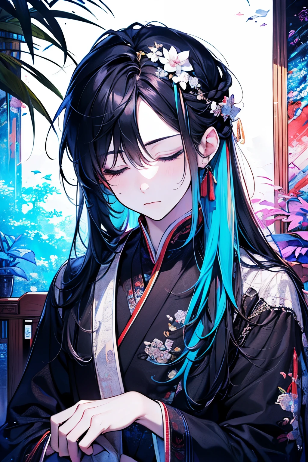 ((Male around 20 years old:1.2)),tazune rirei, masterpiece, best quality, braid hair,(half up and half down hair:1.3),black hair,(portrait),((closed eyes)), white hanfu dress,In the bed, bokeh,(close mouth), perfect hands,sleeping time,((colorful)),(bedroom)