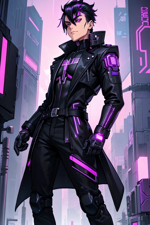 male, purple eyes, black hair, (((1boy))), (((black cyberpunk bodysuit))), (black trench coat), (black wide brimmed fedora), (black cybernetic gauntlets), (black cybernetic boots), (black belt), long legs