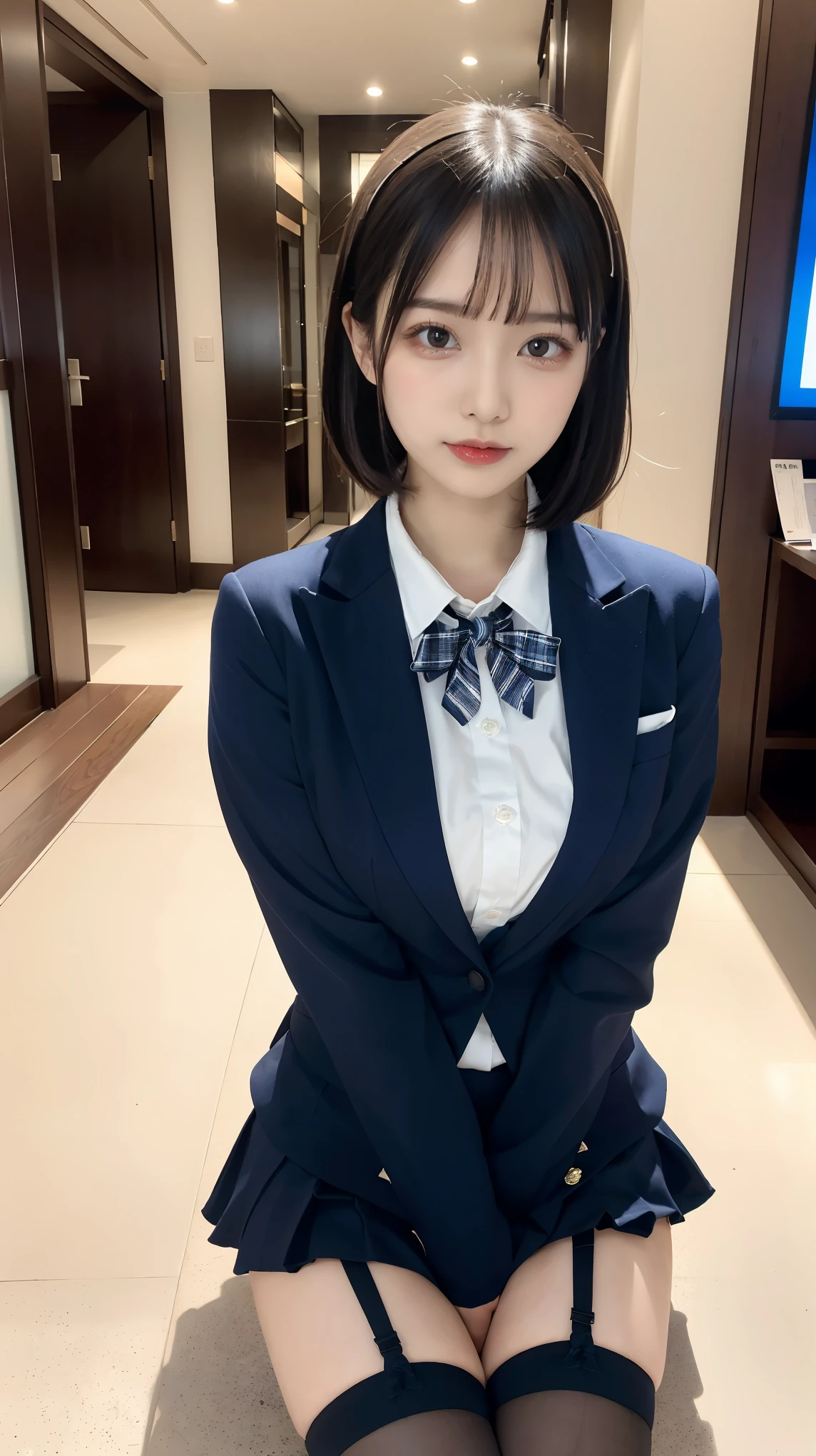 masterpiece, highest quality, figure, Very detailed, Fine details, High resolution, 8k,wallpaper, Perfect dynamic composition,(Detailed high quality, Realistic depiction of eyes:1.3), ((1 girl, 1 high school girl)), The background is a room in a luxury hotel、 uniform、blazer 、Super Short Check Uniform Skirt、Navy blue knee-high socks、garter belt、huge 、Disheveled uniform, Play with each other,Touching each other's bodies,Touching the body of the girl next door, Short Bob Hair, Black hair color, hugeな胸, Big Natural Color Lip, Bold sexy pose, (Perfect figure), Crying a little、Cold Stare,  Harajuku Style、Beautiful Makeup,Glitter makeup,The cutest 18 year old, Beautiful feet, Gravure idol pose, Voluptuous thighs