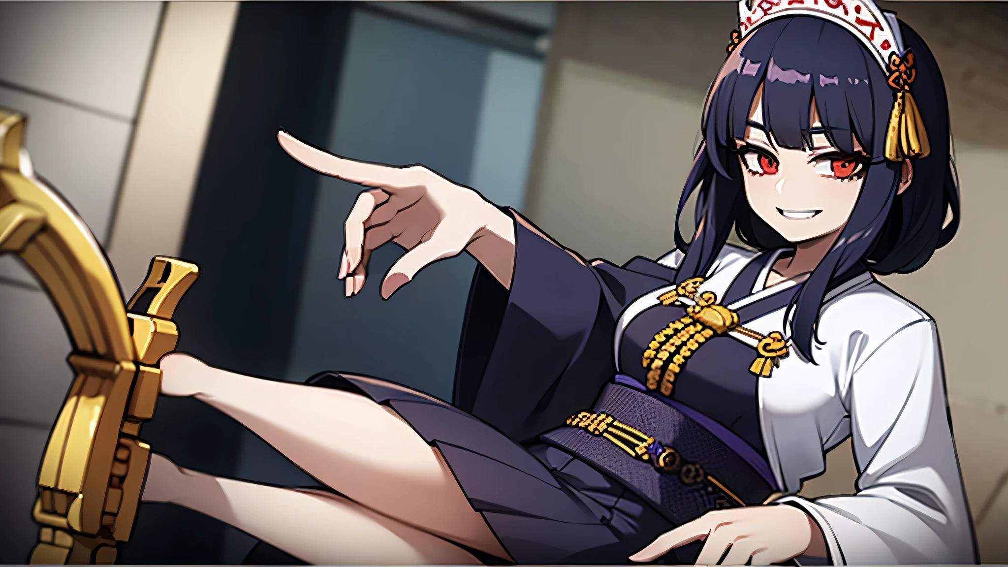 Wearing Hanbok and having dark blue hair, smiling female character