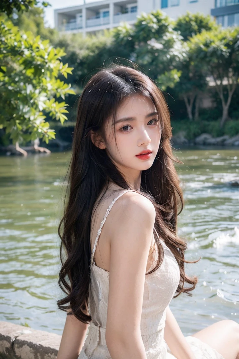 A girl sitting in the river on lonely, Camara angle girl behind side, some flower leps flowing on air, Her long hair flowingthe wind, The entair environment are calm ful