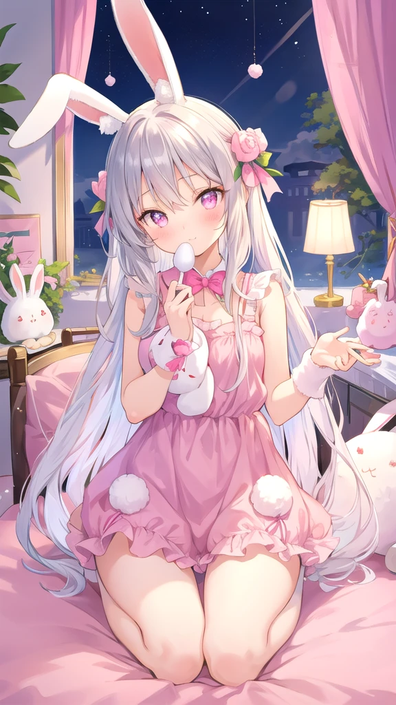 beautiful illustration, best quality, cute girl, bedroom, pastel color, fluffy bunny ears, , silver long hair, rabbit stuffed toy, bright lighting, light pink eyes mitarashi dango