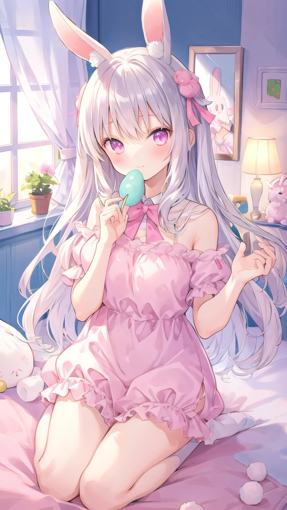 beautiful illustration, best quality, cute girl, bedroom, pastel color, fluffy bunny ears, , silver long hair, rabbit stuffed toy, bright lighting, light pink eyes mitarashi dango