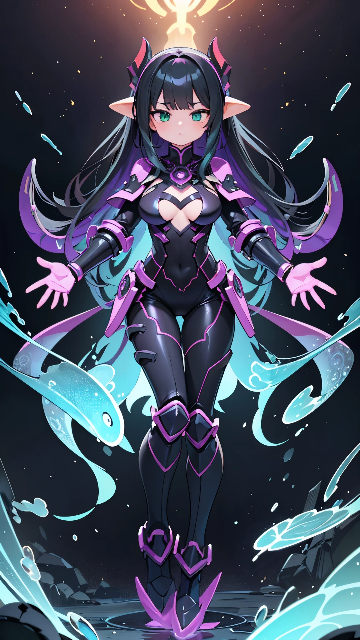 （The greatest masterpiece of all time、16K、（Acme）、PNG）、3D、Semi-realistic、solo、（Simple and solid background）、Whole body expression、（（A beautiful woman））、Super delicate and exquisite texture、sensational、Splatoon、（A perfectly proportioned, exquisite and alluring glamorous body）、Glossy, exquisite skin、（Sensual and ful expression：1.2）、 SFW、Full-body ultra-detailed 16K 3D CG anime character illustration、Well-balanced Contour、Delicate and ultra-fine texture、(Emerald green eyes)、(Crow-like black hair with purple-silver inner hair color)、(Equipped with Gigantic Mechanical Arm)、(The nanomachine collective life form, the Parasite Predator Mimic Octopus, takes a woman as a host, completely covering her entire body and absorbing her, merging and evolving into the ultimate life form of the Bewitching Woman type.:1.1)、Very delicate and super beautiful texture、(Sister of the Evil Cult)、(Mechanical wearable parasite predator octopus dragon transforms completely into dragon armor reinforced exoskeleton and attaches itself to a woman&#39;s body)、Super high quality texture、solo、(Colored Skin:0.7)、(The captivating pose of your pet that will captivate everyone)、genomics、 Contour、Ultra-high definition body、Smooth、Takeover、Dragon Armor、(Parasitic Octopus Genomics Alien Eye Headgear)、(The parasitic evil core that has taken over the woman&#39;s navel transforms the host&#39;s body into that of a glamorous woman with big 2)、Well-balanced Contour、Highly detailed and perfect fingers and limbs、(Simple Background)、Beautiful face and features、Beautiful Faces、Exquisite texture、Smooth skin、Bewitching Woman、Dense and lustrous skin、t、 Glamour、Parasitic evil jewel nuclei are generated on both sides of the waist.、