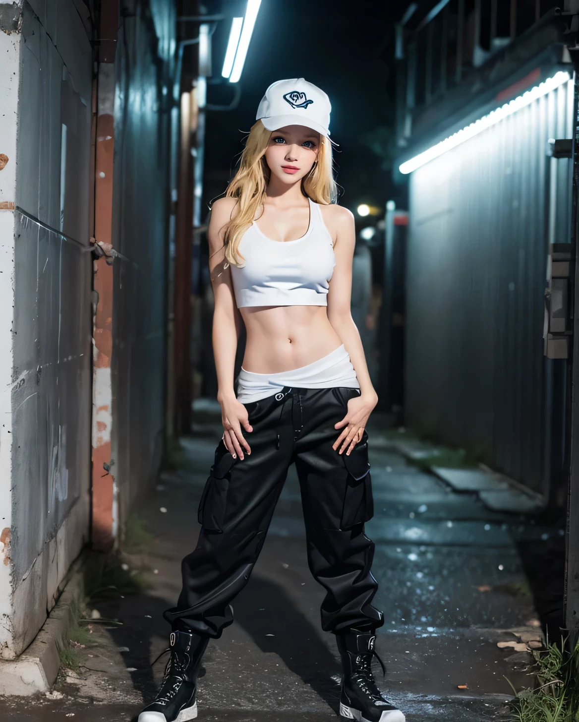 One girl, blue eyes, (smile), (Sana Minatozaki), Wide Hips, big , Big Ass, (highest quality, 8k, masterpiece: 1.3), Perfect hands, Clear focus: 1.2, Perfect body beauty: 1.4 , Slim Abs: 1.2, Highly detailed face and skin texture, Fine grain, double eyelid, (Blonde long hair), (White tank top), (Black cargo pants), (Combat Boots), (Black sports cap), Are standing, Dynamic pose, Neon-lit back alleys, Graffiti on the wall, Deep in the field