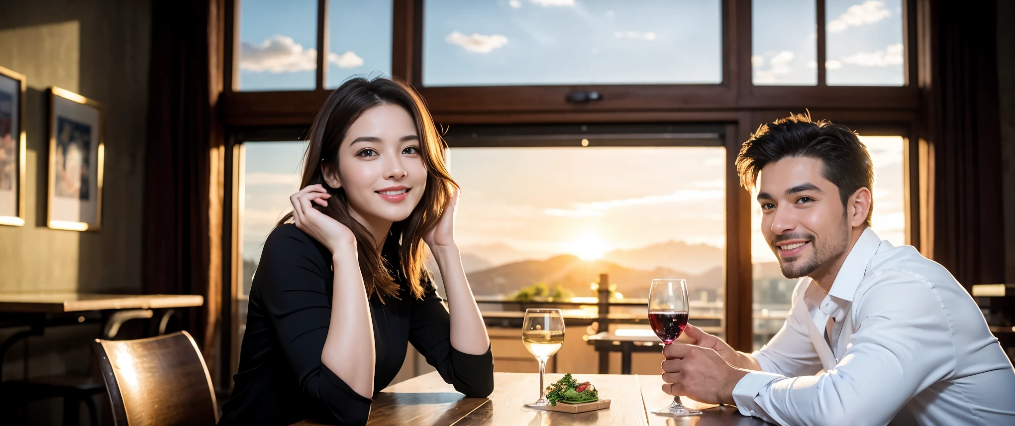 ((highest quality、8k、masterpiece:1.3))、1 male、1 female、Couple、spouse、Couple、Slim body、((Bob Hale、Straight hair:1.2)), (Realistic, Intricate details:1.2), Wine glass on the table、Shine light on your face、 Amazing view of the sunset sky and clouds、Amazing mountain views、A bright smile、The wonderfulness of smile、Bright image、The beauty of wine, Beautiful Face, blue eyes, The light shines on your face, Blushing, short hair,Bright Face、 (Age 37), 39 years old, red wine 、Appetizers、Italian food、Wine bottle、Champagne、sparkling wine、Two beauties、Brown Hair、Shortcuts、Long sleeve shirt、dress、Pretty Woman 1, (Slim face), (The body is slim), (Brown Hair), (Shortcuts), cheeks turn a little red,Attractive beauty、restaurant, In a prominent place (From the waist up) Nova Frog Style, actress, model, Upper Body, White wine, slim, wine glass, Wine glass placed in the center, smile, (smile: 1.15), Beautiful fine grain, Depth f/2,saturation, High Contrast, Strong light and shadow,Moist Body:1.5、3D texture、Delicate eyes、Brown Hair、The hair is very shiny、