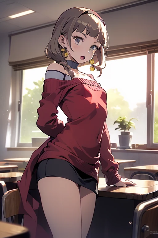 (small breasts:1.3), (perky chest:1.1), (pointed chest:1.0), (fashion magazine cover:1.3)，(from below:1.0),(from side:0.9),masterpiece, 1girl, Amazing Cleavage:1.1, thin waist, big ass, Raised sexy, small breast: 1.3, posed cleavage:1.2、solo, looking at viewer, open mouth, have a cute grass of cute beergrass,black hair, dark green eyes, dress, bare shoulders, jewelry, collarbone, sidelocks, hairband, earrings, indoors, off shoulder, :o, sweater, arms behind back, plant, short hair with long locks, gild hairband, off-shoulder dress, sweater dress, off-shoulder sweater, red sweater, dark gord hair, big side hair, very long side hair,is rendered in (masterpiece: 1.2, best quality), with (ultra high resolution) and an exquisite (depth of field). This masterpiece is not only visually stunning but also tells,A scene of cooking in the kitchen by classroom 