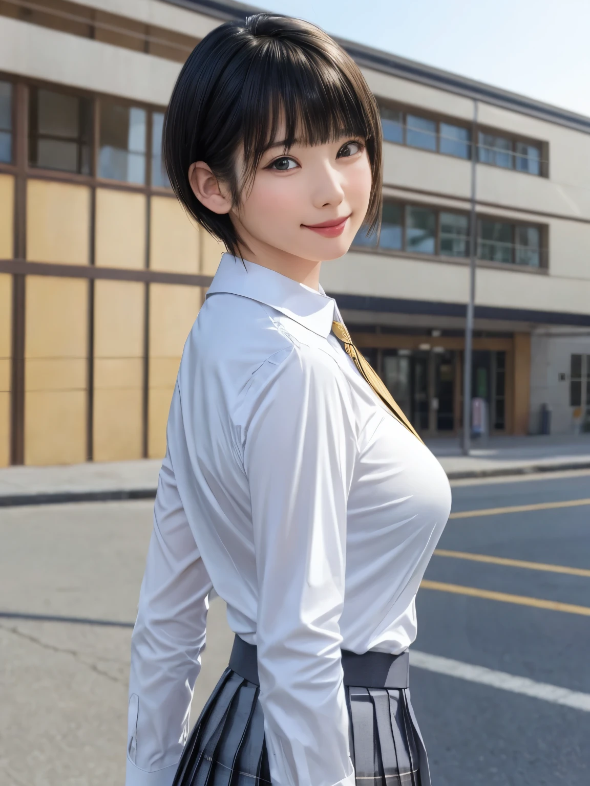 (masterpiece:1.3), (Realistic, RAW Photos, highest quality: 1.4), (One Girl), Beautiful Face, (超Realistic Face、シンメトリーのBeautiful Face), (Short black hair, short hair:1.6、bangs:1.3、Show off your beautiful ears), Beautiful Hairstyles, (Realistic eyes), Beautiful details, Long eyelashes, (Realistic Skin), Beautiful Skin, [Big Breasts:1.3], {Huge|big|Hugeな|Mega} chest, (Perfect body:1.3), (Detailed body:1.2), (tie), (Collared shirt, Pleated skirt:1.3), Absurd, charm, Ultra-high resolution, Ultra-realistic, Very detailed, Golden Ratio,Very cute beautiful woman、28 years old、Beautiful angle from behind、Background in front of the school building、smile、shut up.