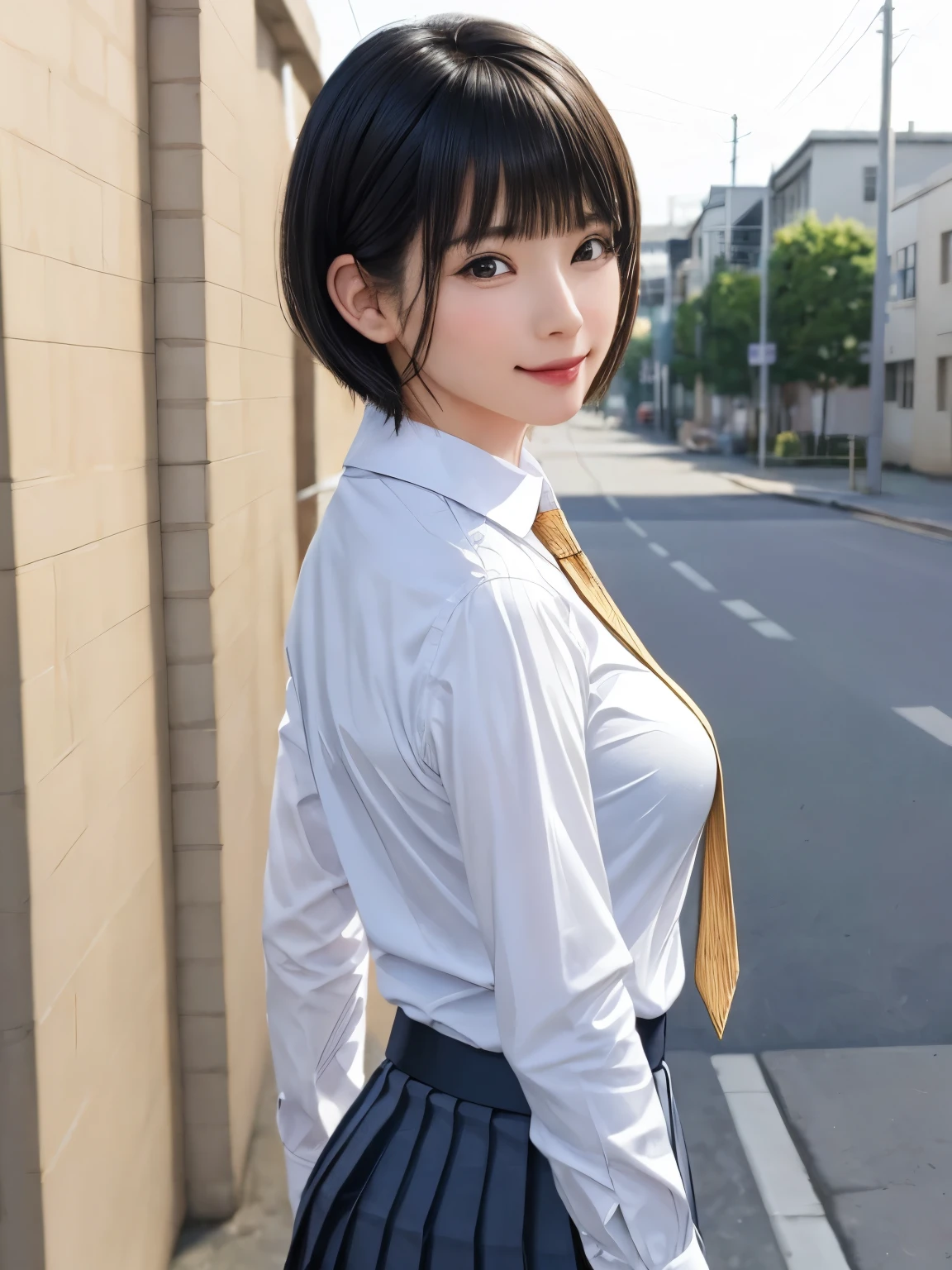(masterpiece:1.3), (Realistic, RAW Photos, highest quality: 1.4), (One Girl), Beautiful Face, (超Realistic Face、シンメトリーのBeautiful Face), (Short black hair, short hair:1.6、bangs:1.3、Show off your beautiful ears), Beautiful Hairstyles, (Realistic eyes), Beautiful details, Long eyelashes, (Realistic Skin), Beautiful Skin, [Big Breasts:1.3], {Huge|big|Hugeな|Mega} chest, (Perfect body:1.3), (Detailed body:1.2), (tie), (Collared shirt, Pleated skirt:1.3), Absurd, charm, Ultra-high resolution, Ultra-realistic, Very detailed, Golden Ratio,Very cute beautiful woman、28 years old、Beautiful angle from behind、Background in front of the school building、smile、shut up.