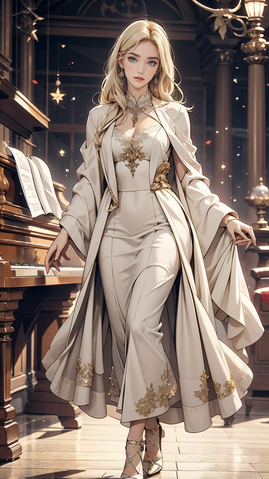 24 year old Caucasian female、Platinum Blonde、Chopin、art、Grand piano performance、Dress Wear、concert