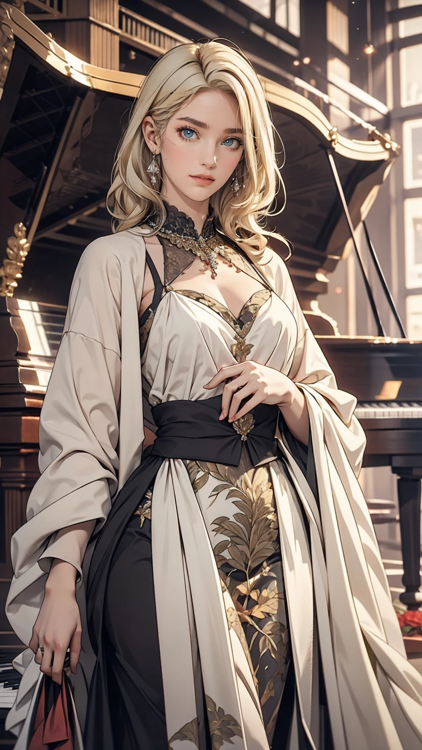 24 year old Caucasian female、Platinum Blonde、Chopin、art、Grand piano performance、Dress Wear、concert