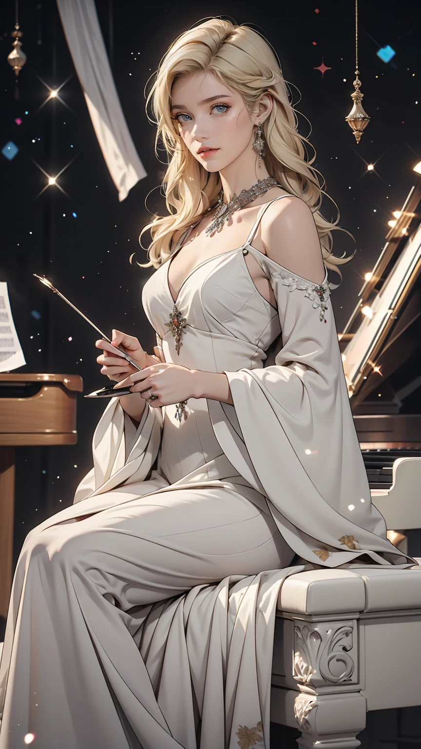 24 year old Caucasian female、Platinum Blonde、Chopin、art、Grand piano performance、Dress Wear、concert