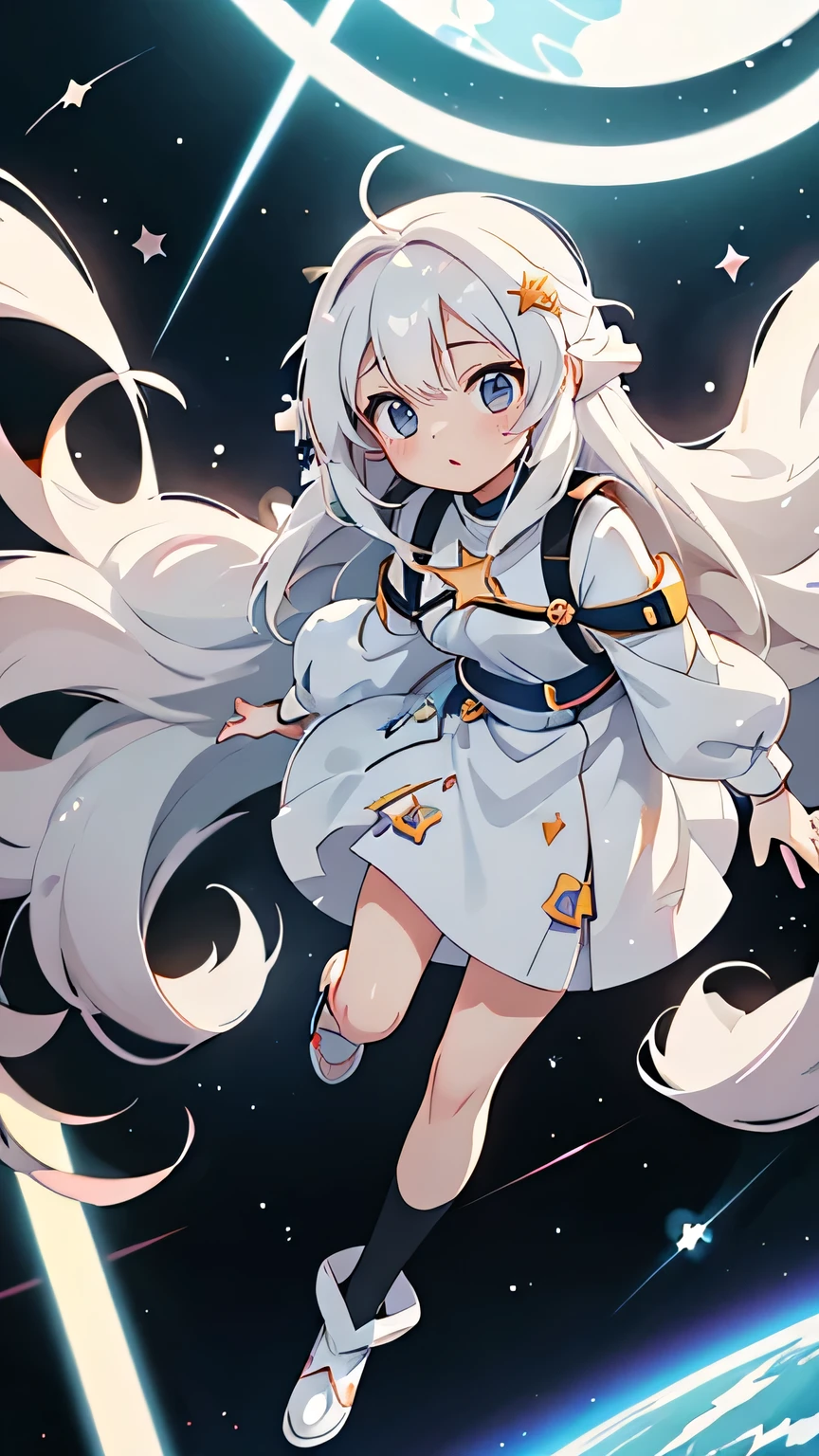 anime girl with long white hair and a star in her hair, White-haired God, Anime girl with space-like hair, star(null) starry_null, Cute girl anime visuals, Splash Art Anime , White glowing aura, White Hair Girl, Ethereal Anime, akasuki voidstar, Celestial Aura, Nightcore, Anime Moe Art Style