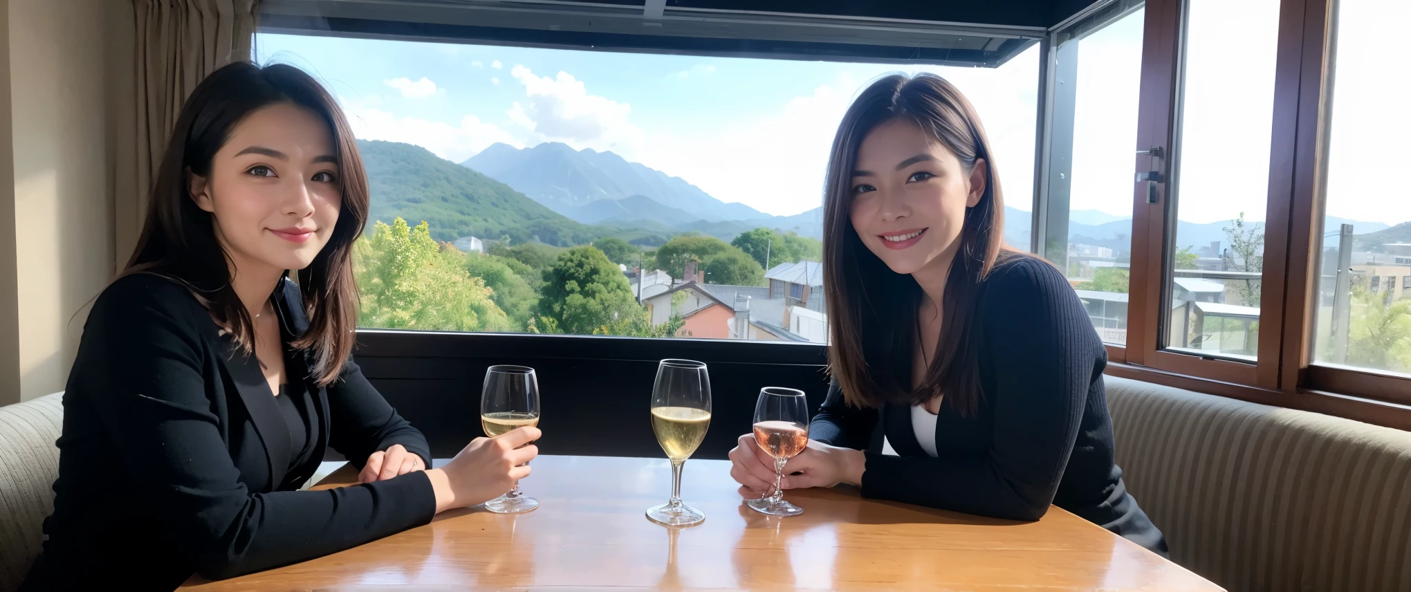 ((highest quality、8k、masterpiece:1.3))、1 male、1 female、Couple、spouse、Couple、Slim body、((Bob Hale、Straight hair:1.2)), (Realistic, Intricate details:1.2), Wine glass on the table、Shine light on your face、 Amazing view of the sunset sky and clouds、Amazing mountain views、A bright smile、The wonderfulness of smile、Bright image、The beauty of wine, Beautiful Face, blue eyes, The light shines on your face, Blushing, short hair,Bright Face、 (Age 37), 39 years old, red wine 、Appetizers、Italian food、Wine bottle、Champagne、sparkling wine、Two beauties、Brown Hair、Shortcuts、Long sleeve shirt、dress、Pretty Woman 1, (Slim face), (The body is slim), (Brown Hair), (Shortcuts), cheeks turn a little red,Attractive beauty、restaurant, In a prominent place (From the waist up) Nova Frog Style, actress, model, Upper Body, White wine, slim, wine glass, Wine glass placed in the center, smile, (smile: 1.15), Beautiful fine grain, Depth f/2,saturation, High Contrast, Strong light and shadow,Moist Body:1.5、3D texture、Delicate eyes、Brown Hair、The hair is very shiny、