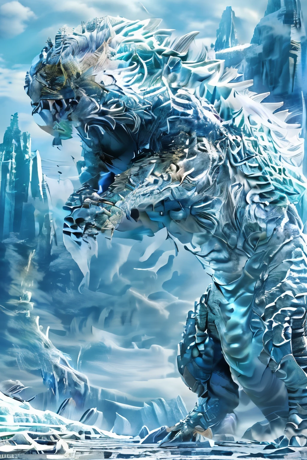 A large, reptilian monster named Frostfrill with blue-white icy scales covering its body. It has ice crystals growing from its back and a sharp ice blade-like tail. Its eyes are clear blue, emitting a cold light. The monster is set in a frozen tundra with icy glaciers and a snow-covered landscape. Frostfrill is shown mid-action, using its icy breath to freeze its prey, with its tail ready to strike. The background features a harsh, snowy environment with a winter storm brewing.