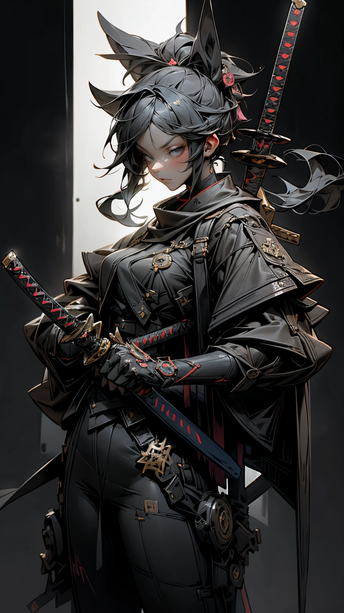 a woman holding a sword in a dark room, 2. 5 d cgi anime fantasy artwork, holding a black katana, stuning fantasy 3 d render, holding katana, unreal engine character art, unsheathing her katana, she is holding a katana sword, yasuke 5 0 0 px models, dramatic wielding katana pose, holding a katana