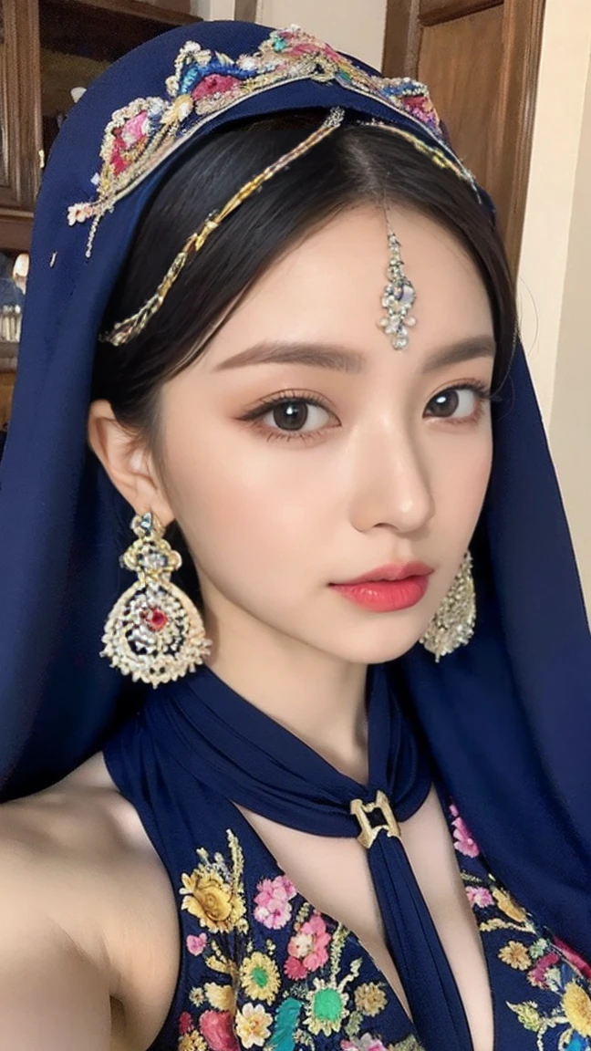 colorful, null, Flowers, Magic, Fantasy, That, highest quality,beautiful detailed hijabi,Fascinating face,Tzuyu、Aiu、Your ,Long eyelashes,Wearing a colorful bellydancer,Detailed explanation,huge ,With cleavage, Underbust, Side bust,Looking into the camera, Hogwarts