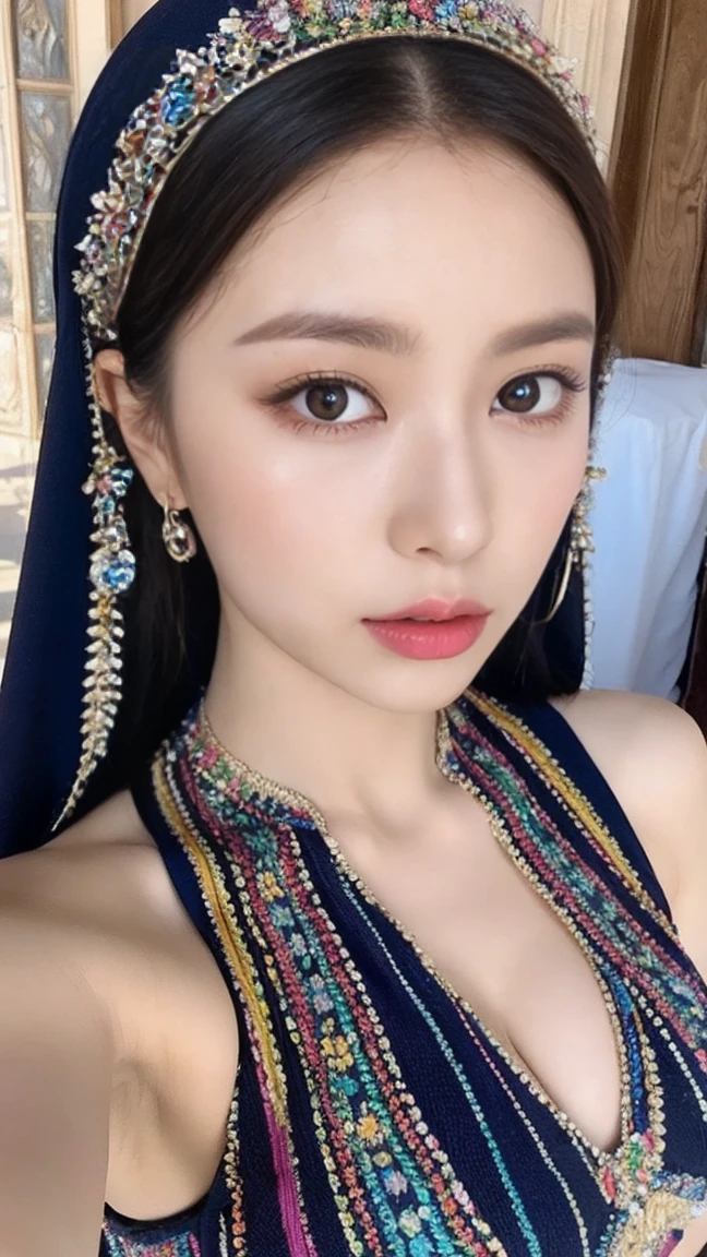 colorful, null, Flowers, Magic, Fantasy, That, highest quality,beautiful detailed hijabi,Fascinating face,Tzuyu、Aiu、Your ,Long eyelashes,Wearing a colorful bellydancer,Detailed explanation,huge ,With cleavage, Underbust, Side bust,Looking into the camera, Hogwarts