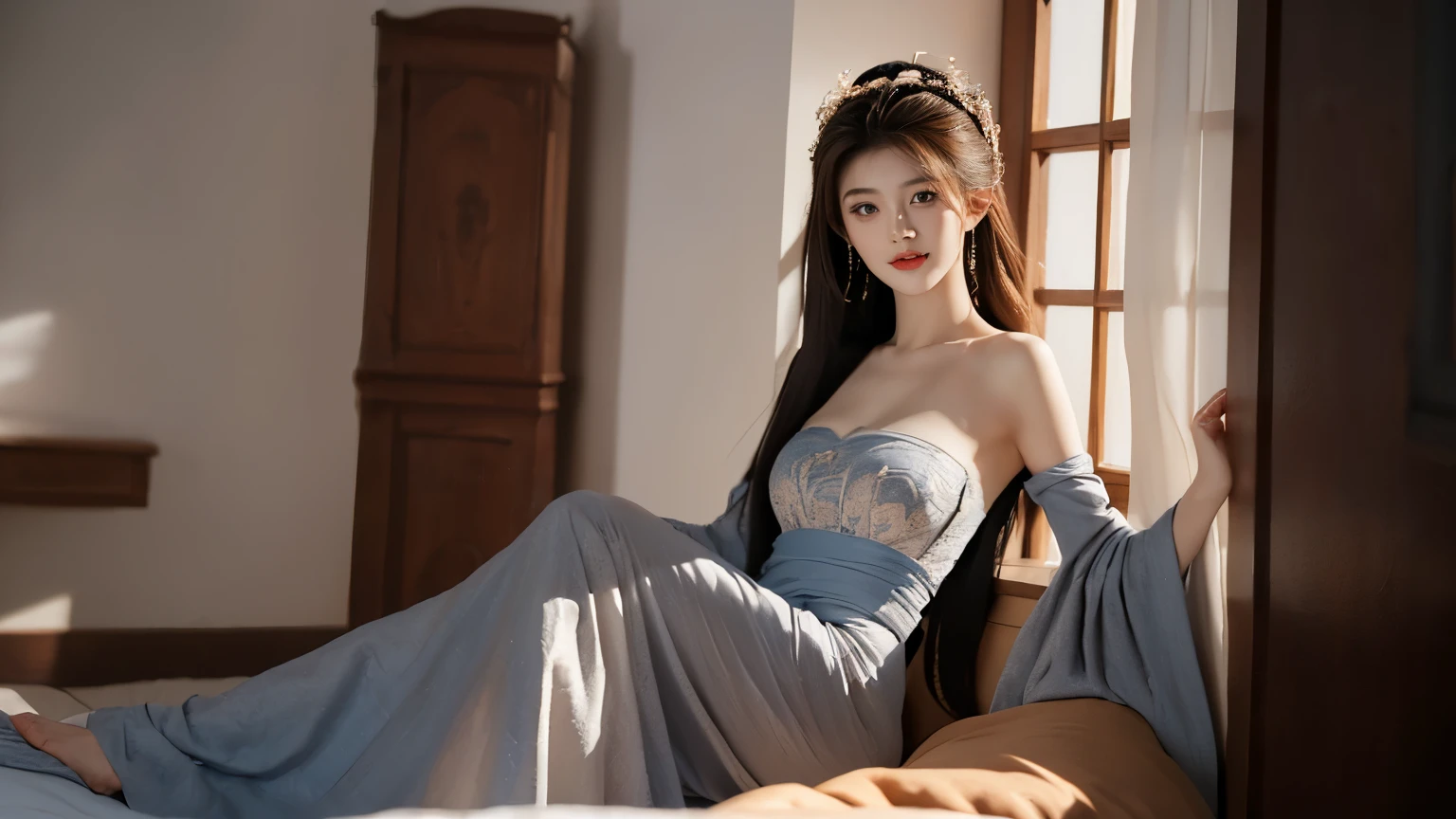 ((best quality, 8K, masterpiece :1.3)), 1 girl, Smile, whole body, Thin face, pretty Woman, (Dark brown hair), full length dress :1.1, Super detailed face, Delicateeyes, Double eyelids, Blurred background, Thin face, In the room,Tuck your knees from the ground
