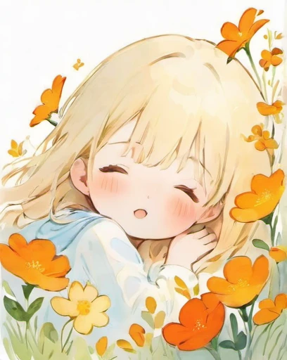 Earth、Illustration of a shy and sleepy girl, Completely white image, Very soft color, watercolor, Flowers, Hannah Dale,Lots of little orange flowers blooming