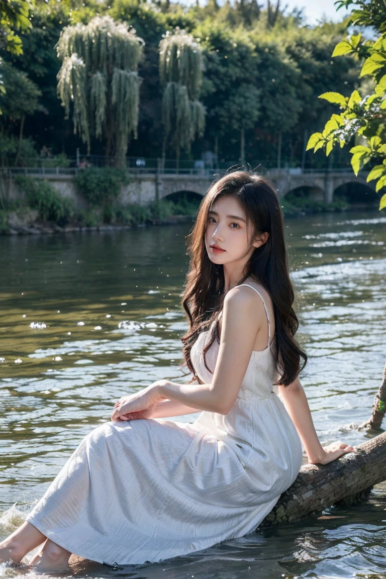 A girl sitting on branch in the river on lonely, Camara angle girl behind side, some flower leps flowing on air, Her long hair flowingthe wind, The entair environment are calm ful, pretty dress wearing 