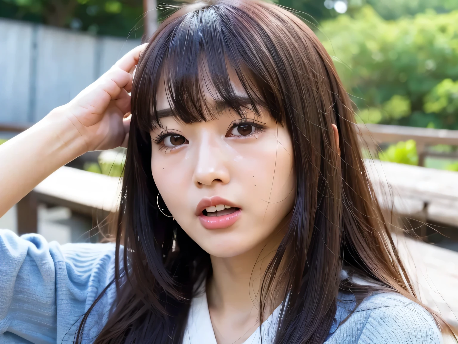 Japanese face,Beauty,Girl,Crying and laughing,Worried brow,Slanted Eyes,Fair skin,With bangs,Kuma,Big mouth