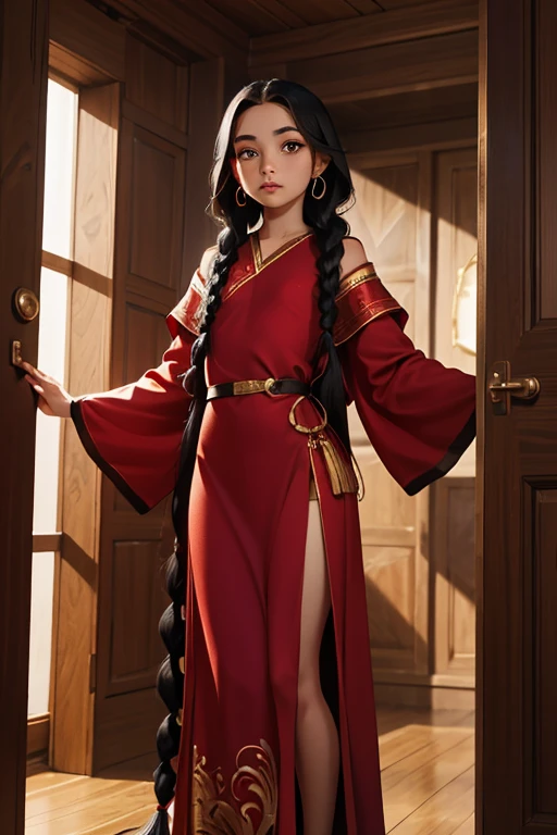 1 elfa, long silky black hair in braids, orelhas pontudas, olhos azuis, thin lips, rosto redondo, seios enormes, quadris largos, wears a short red tunic.   estilo coquete e melindroso,standing in the room full length looking at the viewer