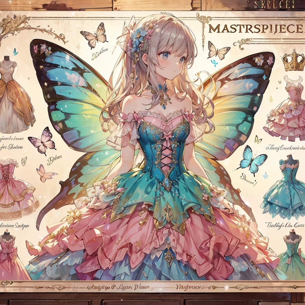 (Exquisite, beautiful and highly detailed masterpiece, high quality, high resolution),(An illustration of a fantastical antique flyer attached to a wooden signboard, showing a fairy princess dress in pastel and vivid colors with beautiful, transparent butterfly-like fairy wings growing from the back of the dress worn by a torso in a fantasy world, and descriptions of several dresses neatly arranged in a row),A frilly princess dress with draped peplums symmetrically attached to the bottom of the corset and a skirt decorated with bows and flowers.,A cute princess dress with beautiful, transparent fairy wings growing from the back.