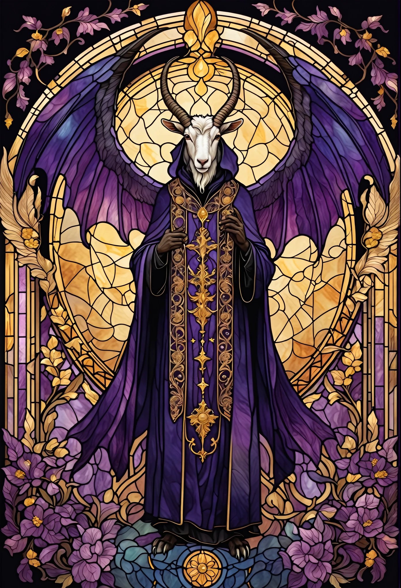 ultra-detailed illustration of stained glass, Art Nouveau, anthro goat, male goat with big demon wings, long horns, claws, priest, cassock, black robe with intricate golden embroidery, purple cape, symmetrical design stained glass, botanical pattern, golden stars, flat color, beautiful gradation, masterpiece, best quality, very aesthetic art