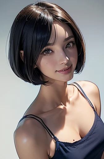 (masterpiece), (8k, best quality, high resolution), (ultra-detailed, realistic), (anatomically correct),  
((from above)), ((look up and see the viewer)), 
((face close-up)), (Standing), (No background),
(1woman),   
(A Japanese woman, 30 years old and 155cm tall.), 
((Create a detailed image of the eye)), ((dark brown eyes)), 
(((Wear a navy blue tunic camisole))), ((A camisole without decoration.)),  
(black hair), (straight hair), (short hair style), ((bob cut)), 
(((large mole on right jaw))), 
((smile broadly)), 
(Her impression is pure, clean and kind.),
