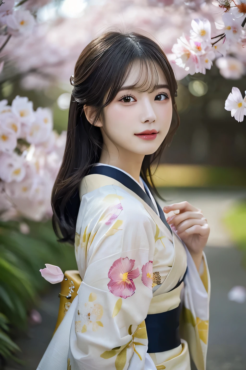 (Kimono)、Random Shots、、、randome pose、(Petals flutter:1.3)、(Wind:1.3)、(top-quality,masterpiece:1.3,超A high resolution,),(ultra-detailliert,Caustics),(Photorealsitic:1.4,RAW shooting,)Ultra-realistic capture,A highly detailed,high-definition16Kfor human skin、 Skin texture is natural、、The skin looks healthy with an even tone、 Use natural light and color,One Woman,japanes,,kawaii,A dark-haired,Middle hair,(depth of fields、chromatic abberation、、Wide range of lighting、Natural Shading、)、