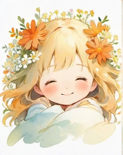 Smiling on Earth、Illustration of a shy and sleepy girl, Completely white image, Very soft color, watercolor, Flowers, Hannah Dale,Lots of little orange flowers blooming