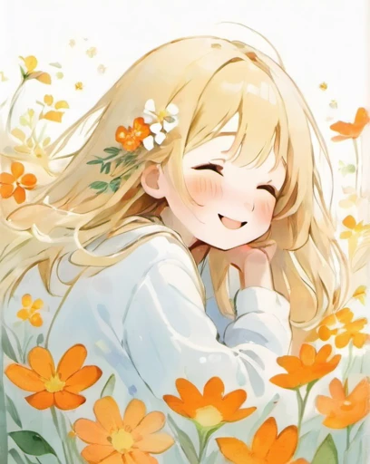 Smiling on Earth、Illustration of a shy and sleepy girl, Completely white image, Very soft color, watercolor, Flowers, Hannah Dale,Lots of little orange flowers blooming
