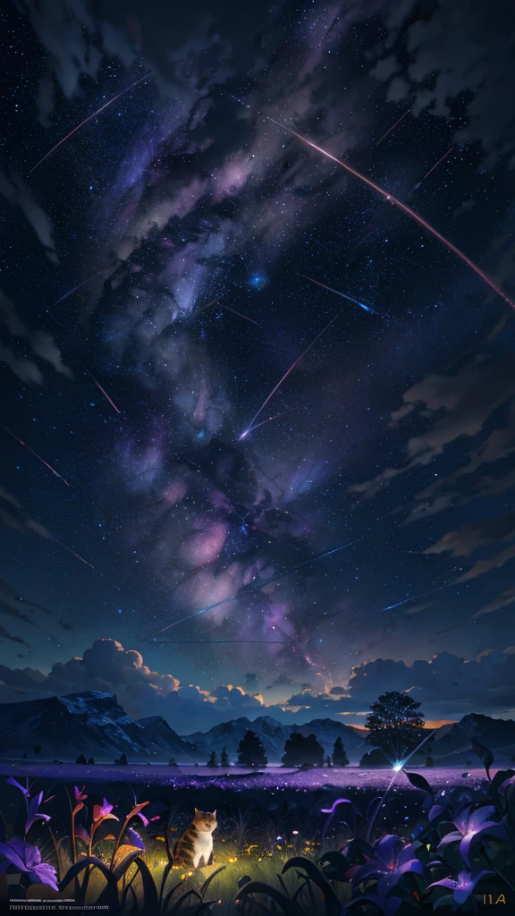 expansive landscape photography, (a view from below showing the sky above and the open field below), small cat sitting in middle of the flower bed gazing at the stars, (full moon: 1.2), (shooting stars: 0.9), (nebula: 1.3), distant mountain, Tree BREAK production art, (warm light source: 1.2), (Firefly: 1.2), lots of purple and orange, intricate details, volumetric lighting, BREAK realism (masterpiece: 1.2), (best quality), 4k, ultra-detailed, (dynamic composition: 1.4), very detailed, colorful details, (iridescent colors: 1.2), (bright lighting, atmospheric lighting), dreamy, magical,