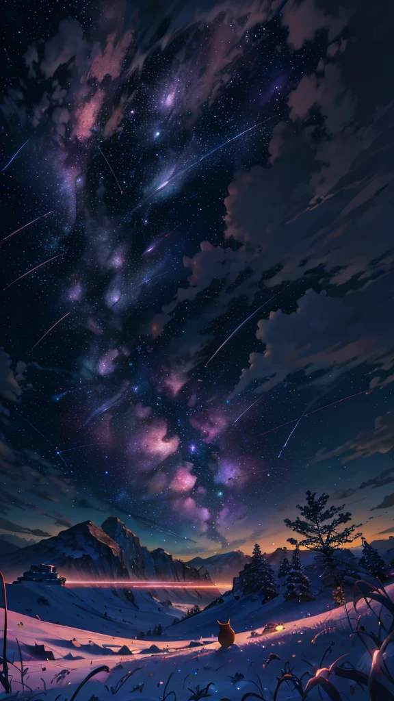 expansive landscape photography, (a view from below showing the sky above and the open field below), small cat sitting in middle of the flower bed gazing at the stars, (full moon: 1.2), (shooting stars: 0.9), (nebula: 1.3), distant mountain, Tree BREAK production art, (warm light source: 1.2), (Firefly: 1.2), lots of purple and orange, intricate details, volumetric lighting, BREAK realism (masterpiece: 1.2), (best quality), 4k, ultra-detailed, (dynamic composition: 1.4), very detailed, colorful details, (iridescent colors: 1.2), (bright lighting, atmospheric lighting), dreamy, magical,