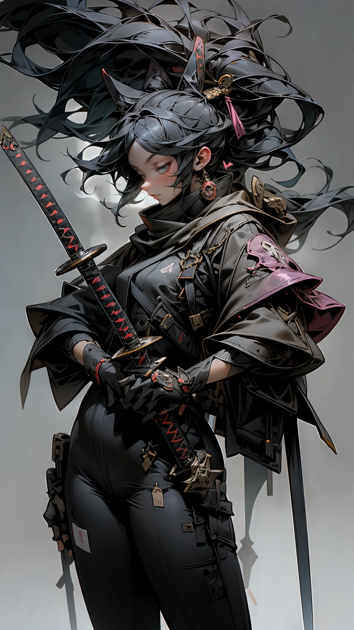 a woman holding a sword in a dark room, 2. 5 d cgi anime fantasy artwork, holding a black katana, stuning fantasy 3 d render, holding katana, unreal engine character art, unsheathing her katana, she is holding a katana sword, yasuke 5 0 0 px models, dramatic wielding katana pose, holding a katana, background color smoked. 