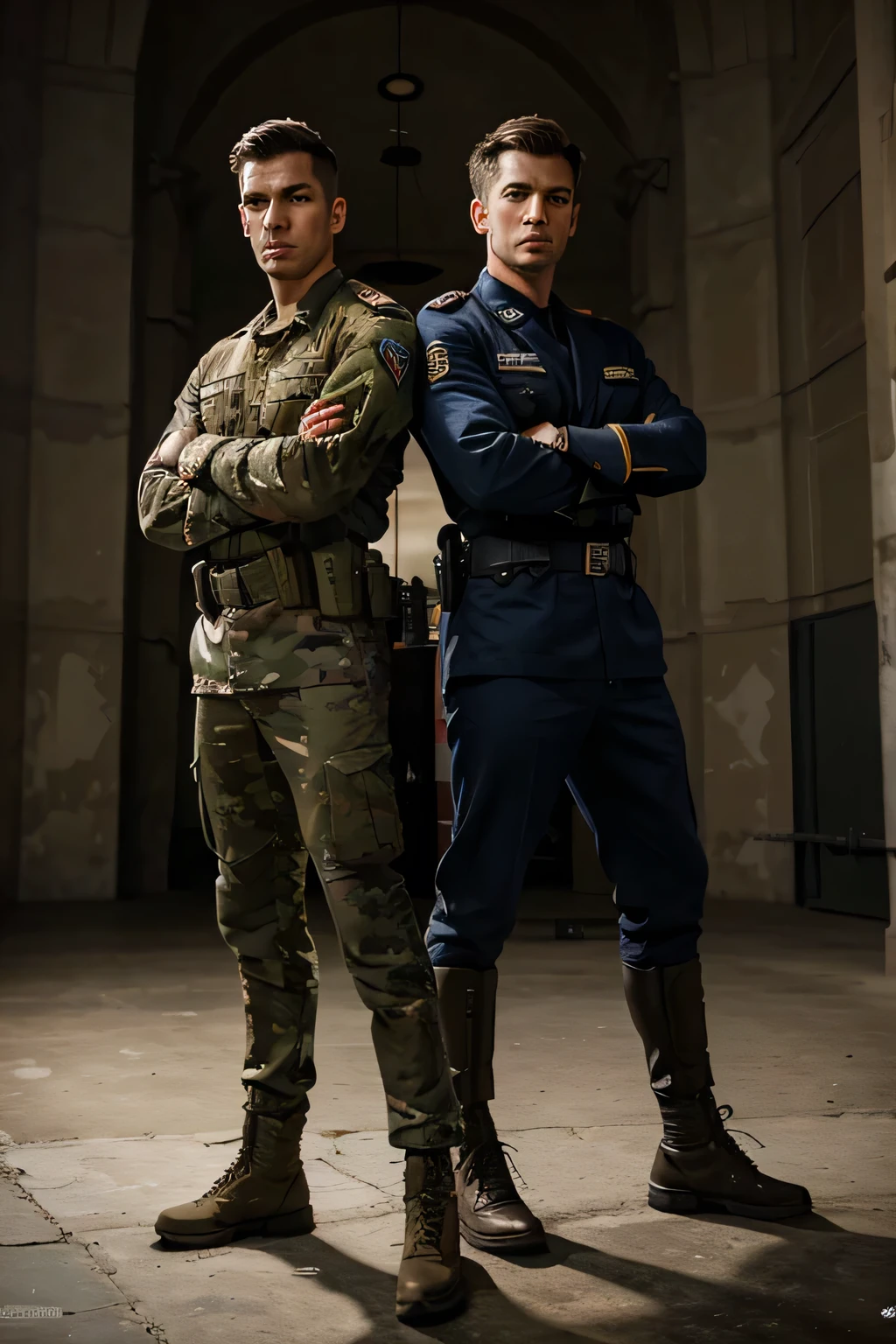 Best quality, masterpiece, super high resolution, 2 soldier men, 1 with short