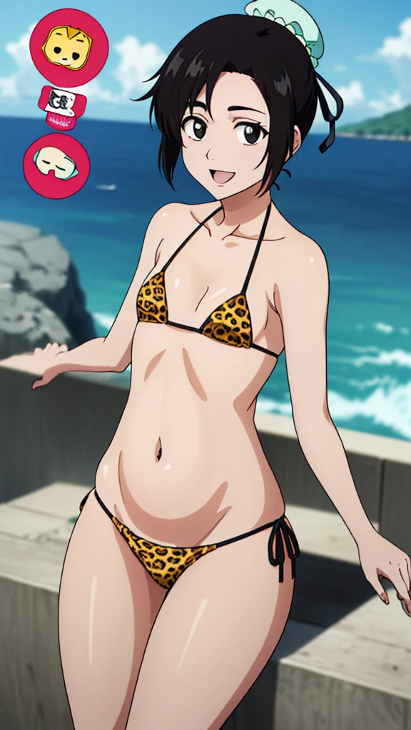 (masterpiece, 4K, highest quality, anime style: 1.9, Detailed face, Lovely, Ocean,Bold Line, High resolution, anime, Lake 4. alone, Curvaceous, Cleavage, Center of chest, smile, Please open your mouth wide, Very slim belly, Cowboy Shot, 1 girl、Shinamori type, Black Hair, Hair Bun, single Hair Bun, Good cover, short hair, (black eye:1.5),Shinamori type,BLEACHanime風,(((small,small胸))),( Leopard print micro bikini)