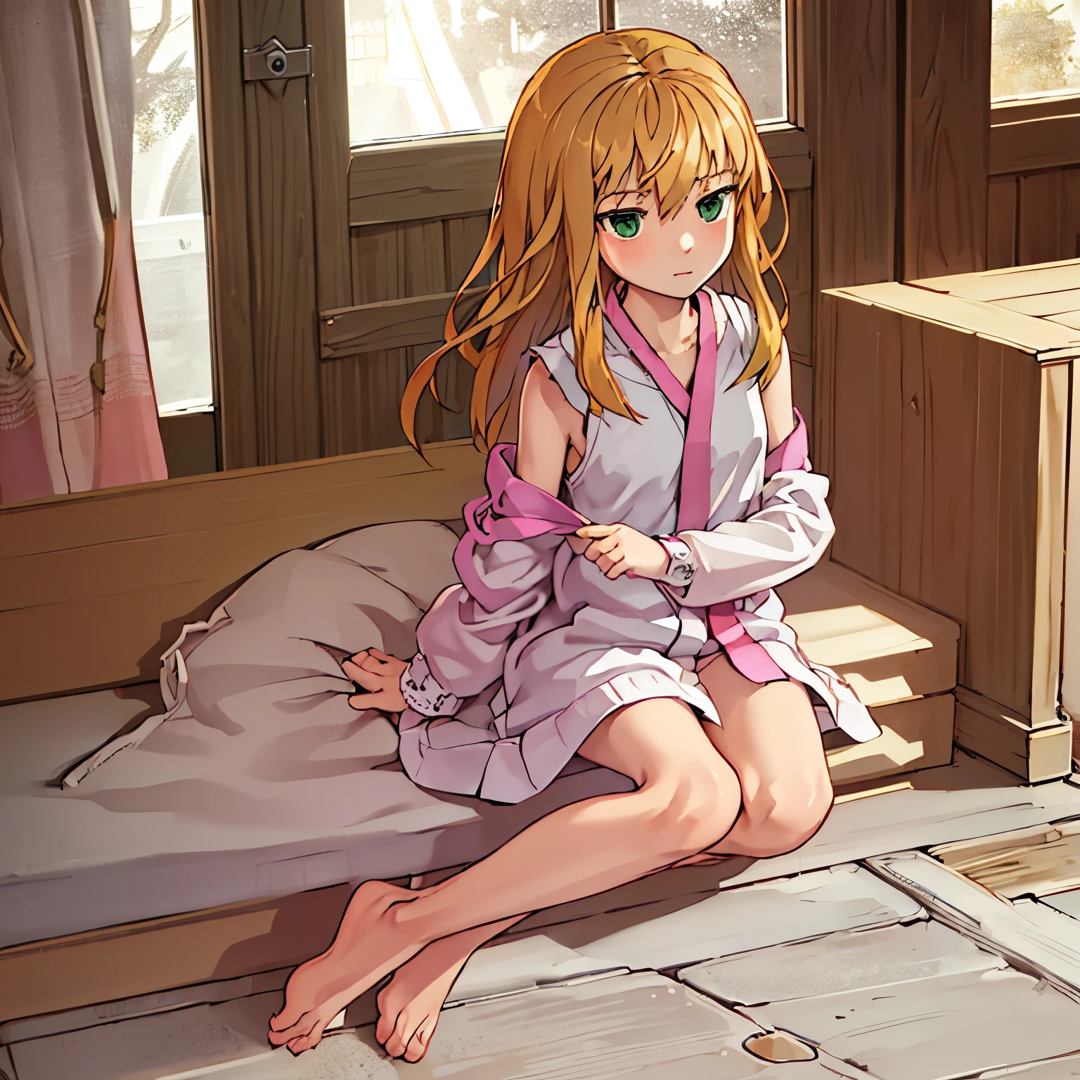 lucy from chrono ark, indoors, room, on the bed, soft smile, solo, 1girl, soft smile, slender figure, slim, big head, young girl, short height, full cheeks, skinny, Sexy, Beautiful composition, beatiful face, handsome body (Body Full 1.1.), Beautiful figure, in full height (Body Full 1.1.), ((masterpiece)), best quality, high detailed illustration, high detailed background, hi-res, Digital Art, sexypose, flat chest, Young Girl(Body Full 1.1), (Green eyes:1.5), teen, pink hair, short hair, Beautiful figure, (Fullness of the body.1,1), Hair between the eyes, hairlong, straight hair, side locks, bangs, Asymmetrical Clothing, (Masterpiece:1.2), Best Quality, High Resolution, Unity 8k Wallpaper, (illustration:0.8), (beautiful detail eyes:1.6), extremely detailed face, perfect lighting, extremely detailed CGI, (perfect arms, perfect anatomy), epic composition, naked, looking at viewer, fullbody, full-body, bare legs, bare feet, blushing, shy, glistening skin, legs spread, feet soles, pink pussy, nipples, hand between legs