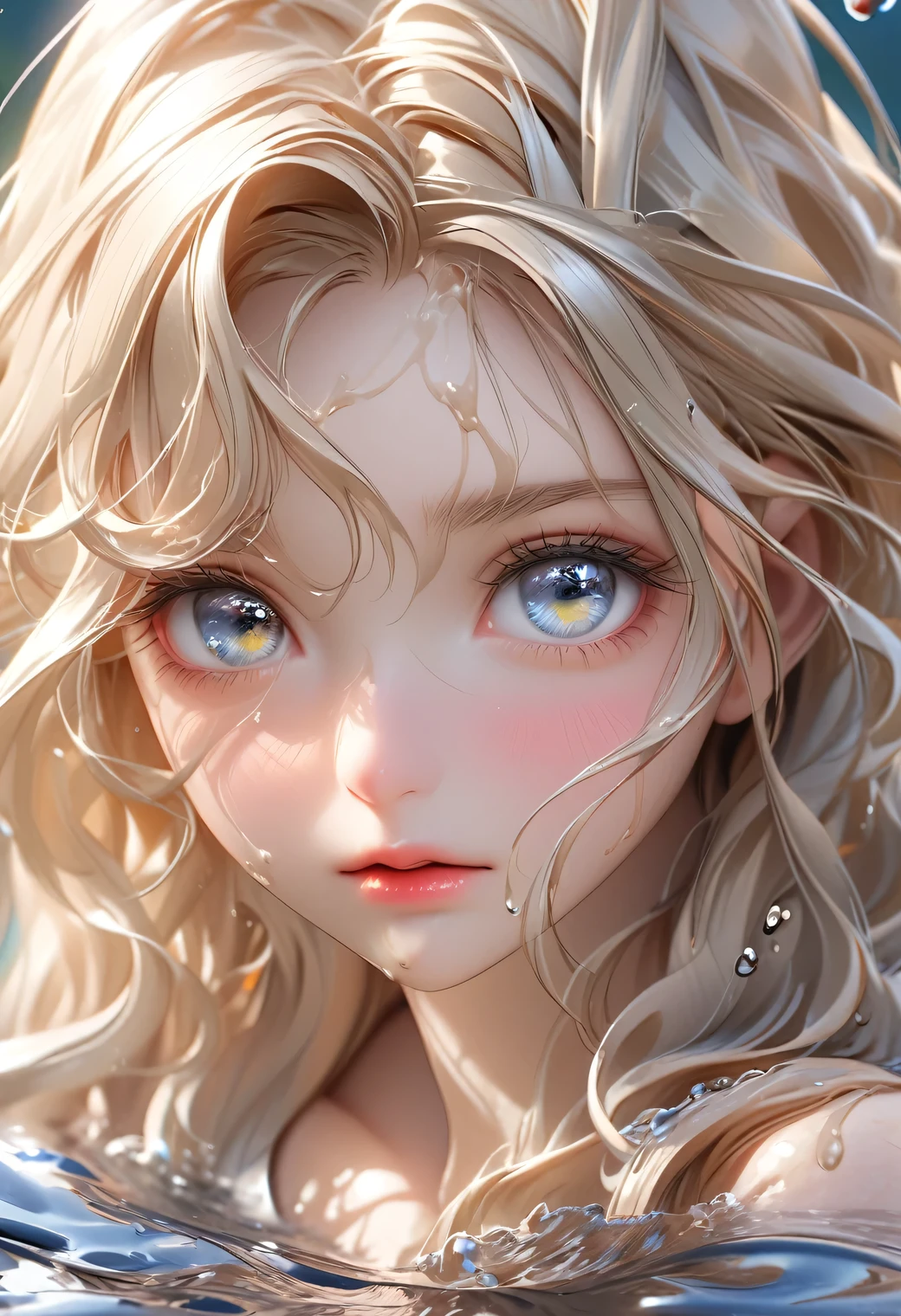 raw photo:1.2, masterpiece, highest quality, 16k, unbelievably absurd, very detailed, perfect beauty, beautiful cute girl, flowing platinum blond, closeup eyes, look down, wet hair, splash water, sundress, ultra-realistic:1.8