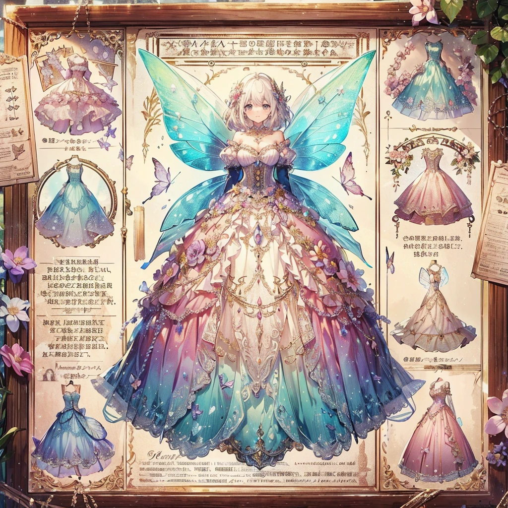 (Exquisite, beautiful and highly detailed masterpiece, high quality, high resolution),(An illustration of a fantastical antique flyer attached to a wooden signboard, showing a fairy princess dress in pastel and vivid colors with beautiful, transparent butterfly-like fairy wings growing from the back of the dress worn by a torso in a fantasy world, and descriptions of several dresses neatly arranged in a row),A frilly princess dress with draped peplums symmetrically attached to the bottom of the corset and a skirt decorated with bows and flowers.,A cute princess dress with beautiful, transparent fairy wings growing from the back.