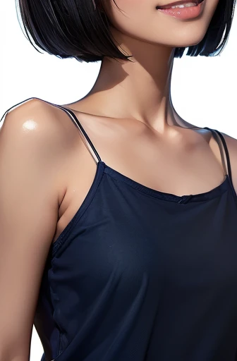 (masterpiece), (8k, best quality, high resolution), (ultra-detailed, realistic), (anatomically correct),
((from above)), ((look up and see the viewer)),
((face close-up)), (Standing), (No background),
(1woman),
(A Japanese woman, 30 years old and 155cm tall.),
((Create a detailed image of the eye)), ((dark brown eyes)),
(((Wear a navy blue tunic camisole))), ((A camisole without decoration.)),
(black hair), (straight hair), (short hair style), ((bob cut)),
(((large mole on right jaw))),
((smile broadly)),
(Her impression is pure, clean and kind.),
