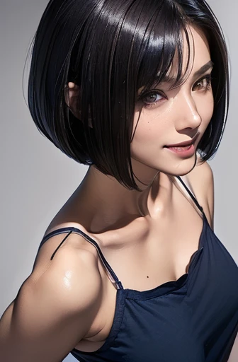 (masterpiece), (8k, best quality, high resolution), (ultra-detailed, realistic), (anatomically correct),
((from above)), ((look up and see the viewer)),
((face close-up)), (Standing), (No background),
(1woman),
(A Japanese woman, 30 years old and 155cm tall.),
((Create a detailed image of the eye)), ((dark brown eyes)),
(((Wear a navy blue tunic camisole))), ((A camisole without decoration.)),
(black hair), (straight hair), (short hair style), ((bob cut)),
(((large mole on right jaw))),
((smile broadly)),
(Her impression is pure, clean and kind.),