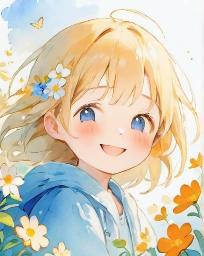 Smiling on Earth、Make the background blue、、Illustration of a shy and sleepy girl, Completely white image, Very soft color, watercolor, Flowers, Hannah Dale,Lots of little orange flowers blooming