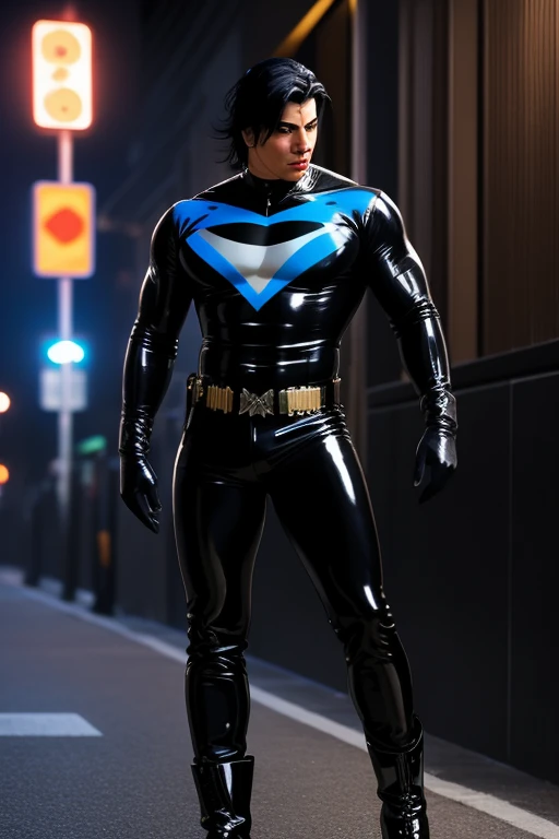 Half Body photorealistic handsome Hunky Nightwing, wearing black skin tight shiny latex spandex with boots and gloves, in action 